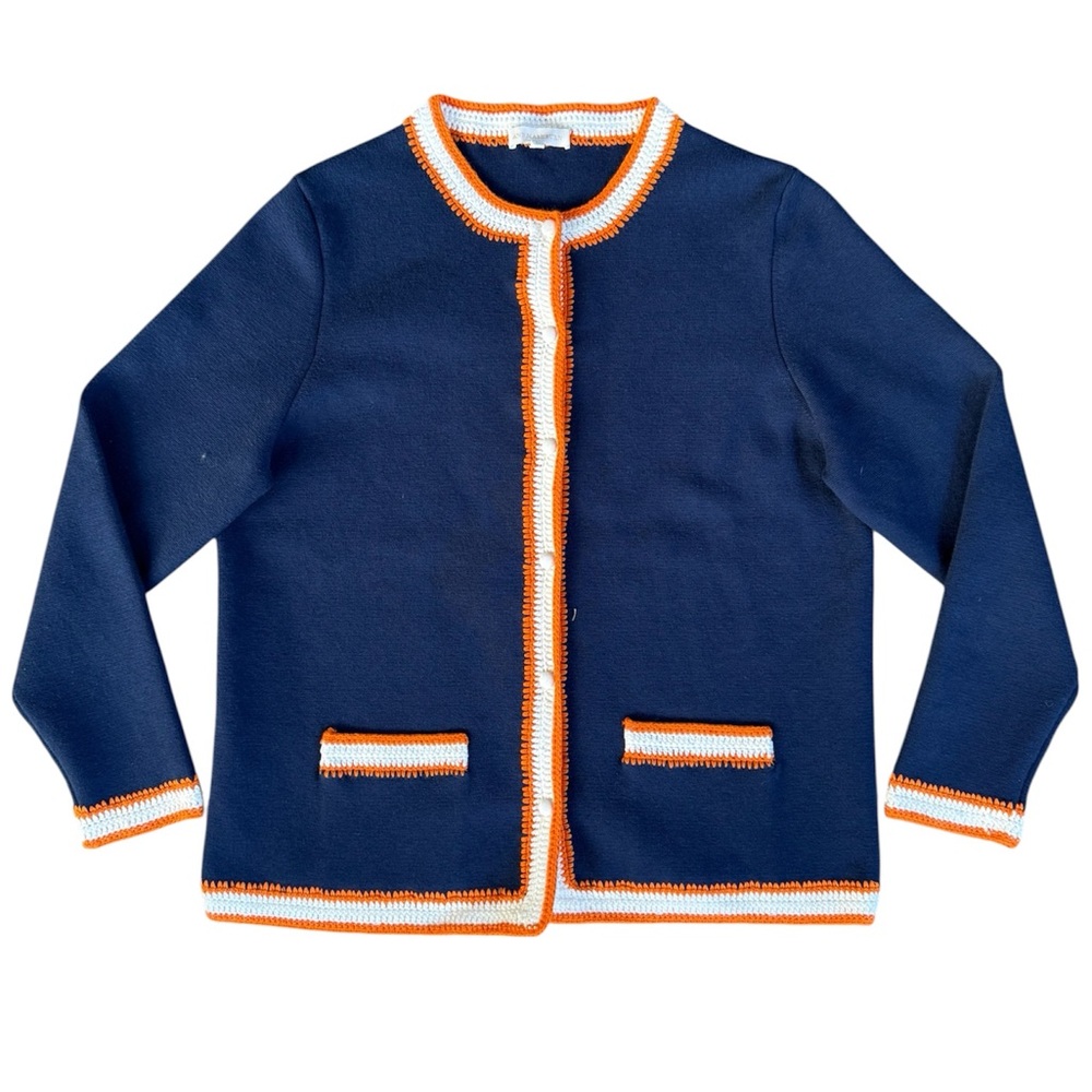 ANN MASHBURN Navy Cardigan with Orange and White Trim